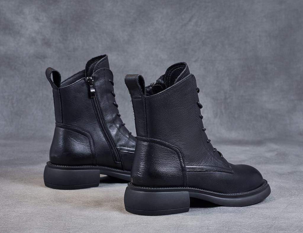ZUYEE Genuine Leather Low Side Short Easy to Walk Size Women's Lace-Up Boots, Heel, Zip, Boots, Soft, Casual, in, Black, 23.5cm