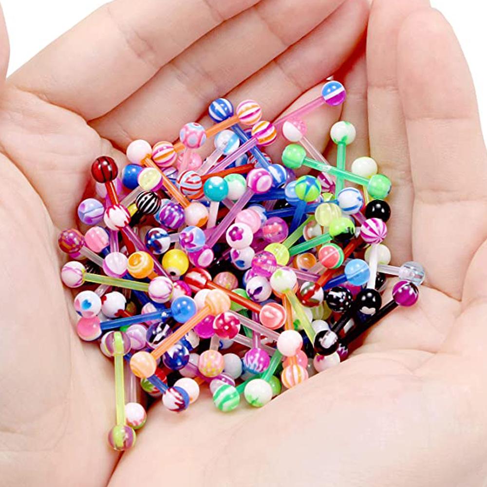 10PCS Random Colors Bioflex Nipple Barbell 16mm Acrylic Ball Tongue Rings Nipple Ring Retainer 14G Flexible Tongue Piercing Bar
