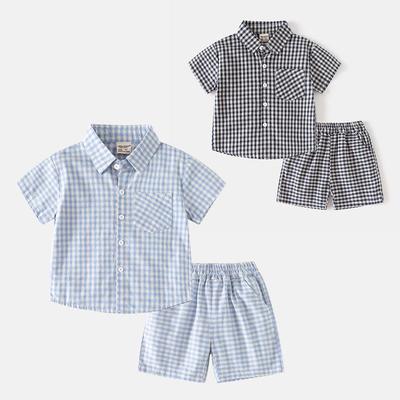 Summer Boys' Short-Sleeved Two-Piece Suit, Kidsren's Plaid Shirt, Pure Cotton Lapel Shirt, Baby Boy Shorts, Trendy Kidsren's Clothing