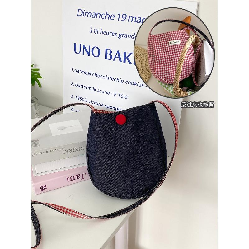 Cute egg bag simple mobile phone bag female versatile denim messenger bag plaid double-sided back messenger bag