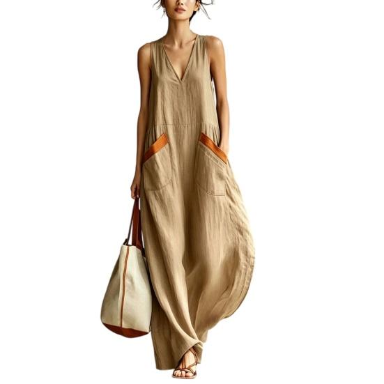Women Boho Sleeveless Maxi Dress V Neck Flowy Long Tank L верблюд
