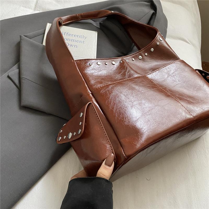 PU Hobo Bag Women's Fashion Shoulder Tote with Stud Detail Multiple Pockets Casual Everyday Handbag