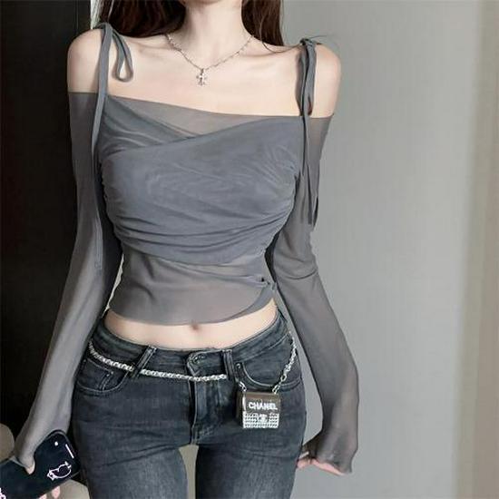 

Пикантная французская сетчатая футболка с одним плечом: Женский укороченный топ с шнуровкой для защиты от солнца Medium серый