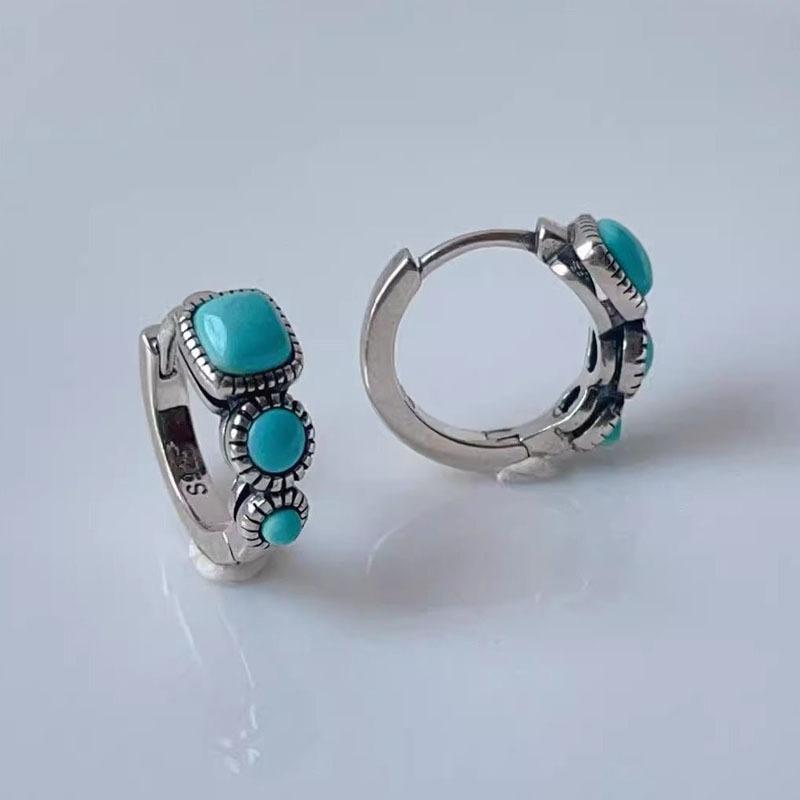 Imitation Natural Turquoise Square Ear Buckles, Retro Imitation Silver Original Design Couple Ear Jewelry
