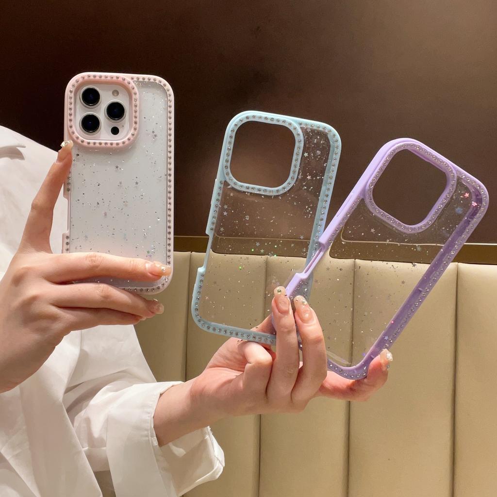 For iPhone 16 Pro Case Rhinestone Frame Star Glitter Epoxy Design TPU+PC Phone Cover