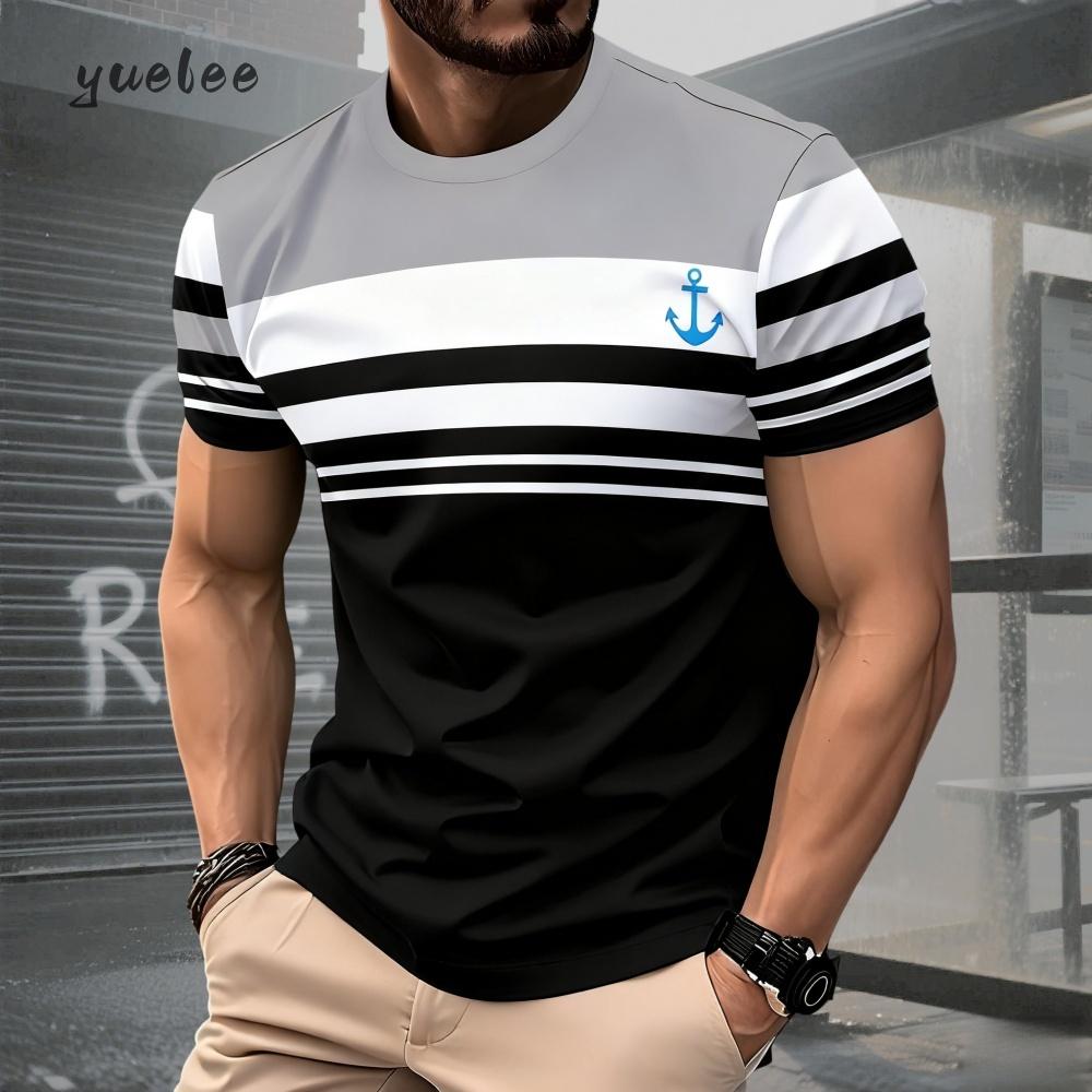 Summer men's fashion striped printed men's knitted shirt, simple plus size men's clothing, versatile O-neck men's short sleeved T-shirt