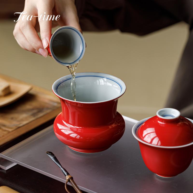 Hand Painted Ceramic Jianshui Forbidden City Red Tea Washing Bowl Residue Jar Water Bucket Chinese Big Pretty Bowl Tea Ceremony