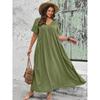 Plus Size Women V Neck Short Sleeve Loose A Line Long Dress With Pockets