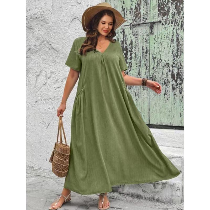 Plus Size Women V Neck Short Sleeve Loose A Line Long Dress With Pockets