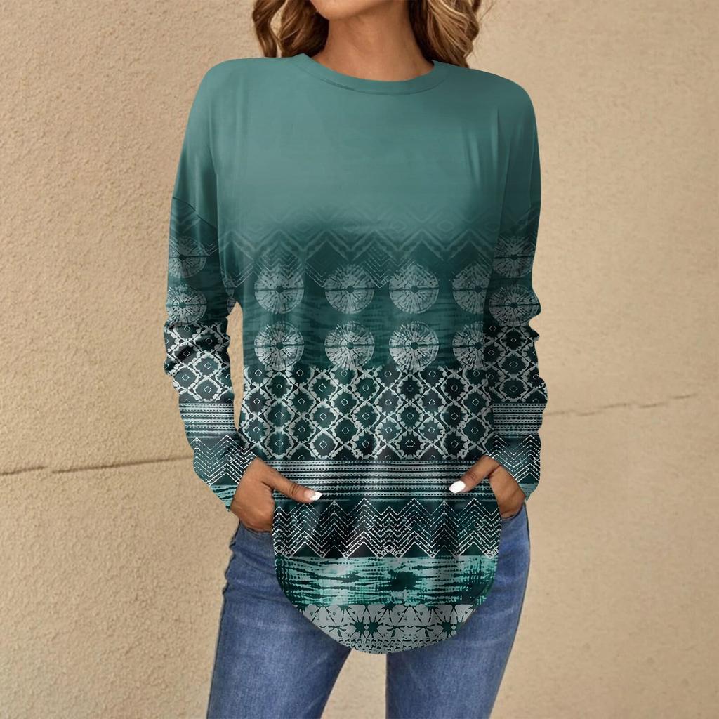 Women's Fashion Loose Round Neck  Printed Long Sleeve T-Shirt Pullover Top