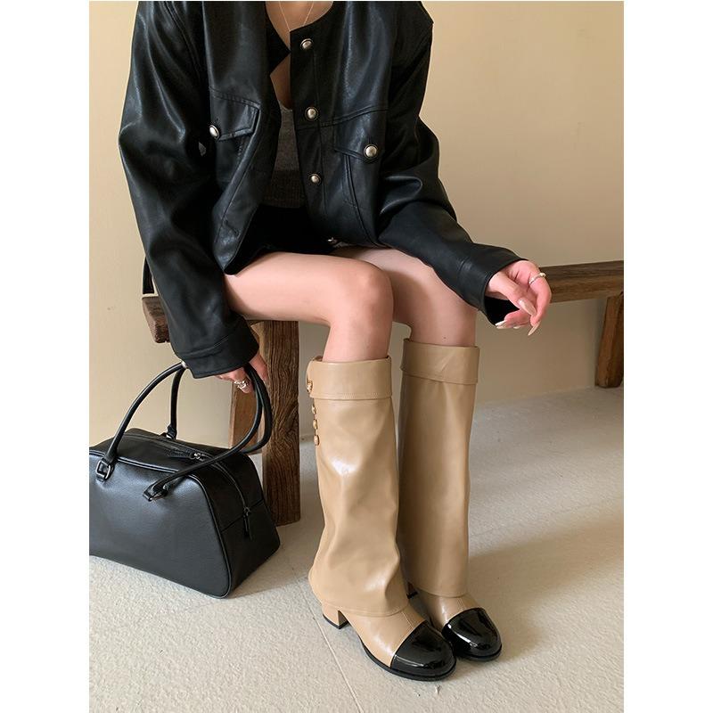 French Xiaoxiangfeng Round Head Color Matching Knight Boots Versatile Thick Heel High Boots Leather But Knee Boots Women's Pants Tube Boots