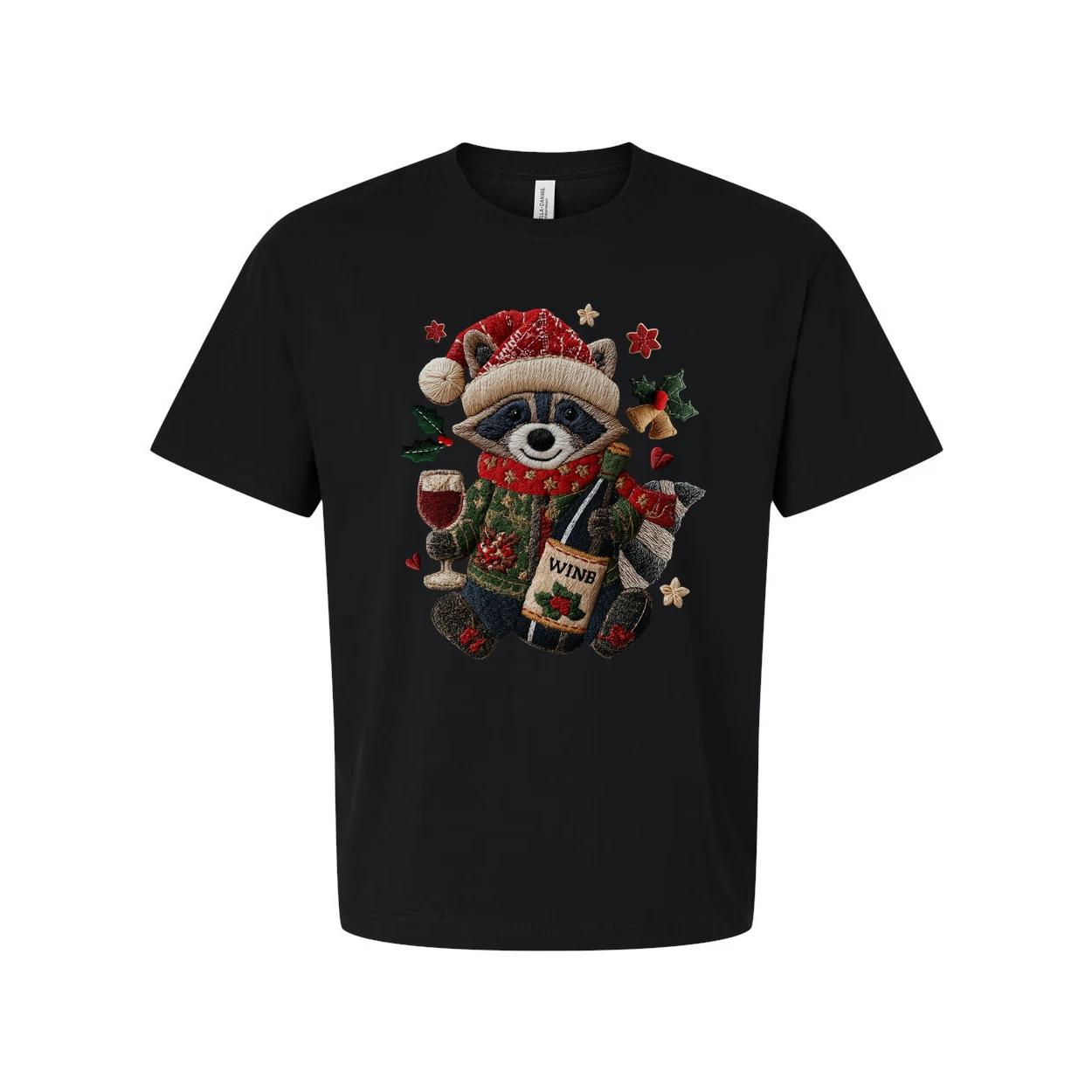 

White Unisex Christmas Raccoon Graphic T Shirt With Santa Hat Scarf Wine Bottle S