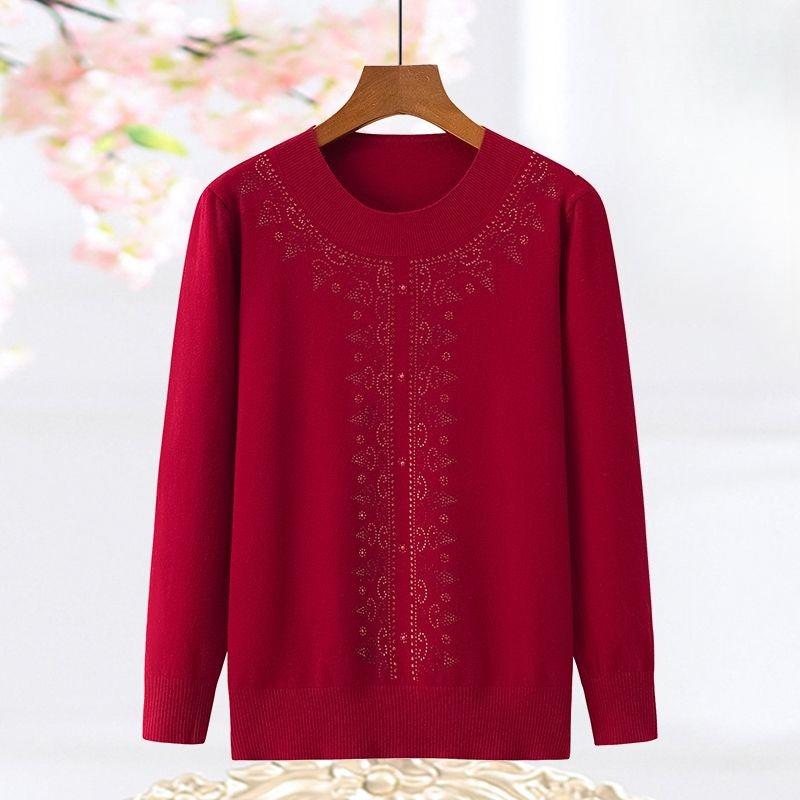 Spring and Autumn Thin Women's Round Neck Sweater Rhinestone Loose Knit Pullover Sweater Plus Size Knitwear