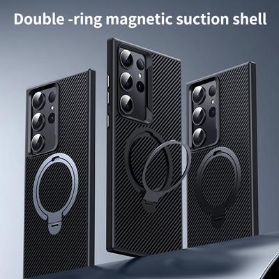 Carbon Fiber Texture Bracket Case for Samsung Galaxy S24 S23 Plus Ultra for Magsafe Wireless Charging Magnetic Ring Holder Cover