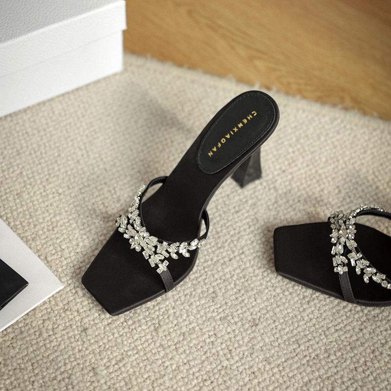 Woman High Heel Slippers Luxury Crystal Cross Strap Square Open Toe Stiletto Sandals Summer Fashion Versatile Slip on High Heels