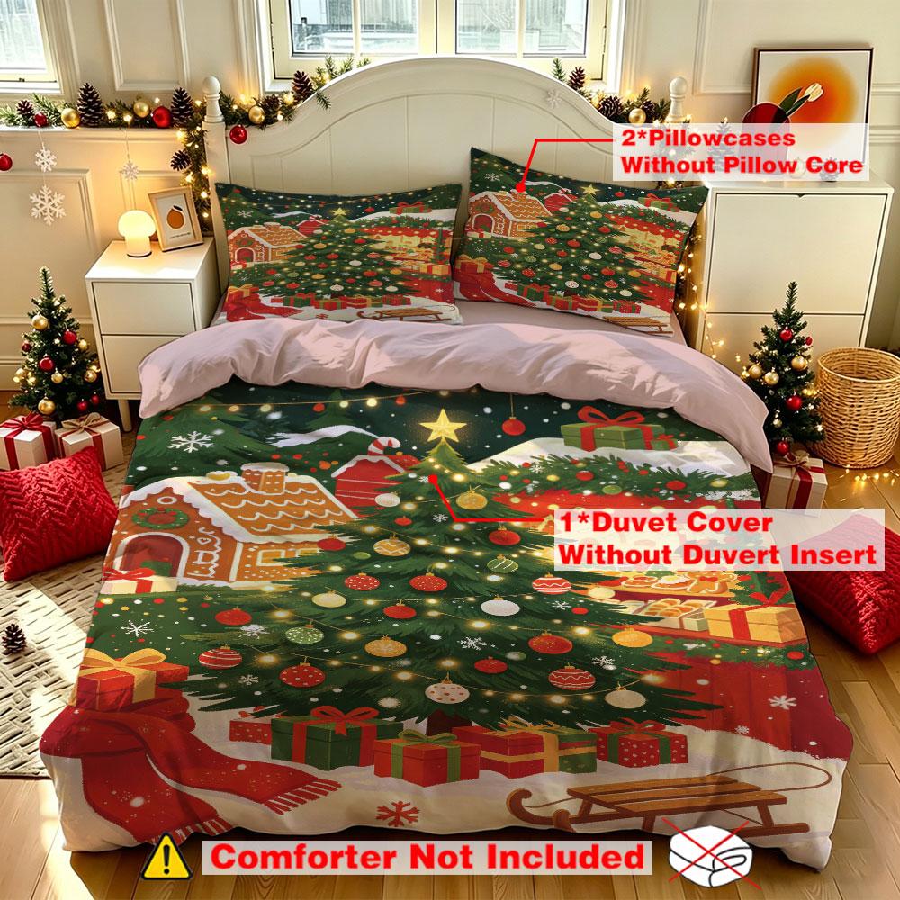 Christmas Duvet Cover Set 3Pcs Gingerbread House Xmas Tree Gift Snow Print Soft Microfiber Bedding with Pillowcases