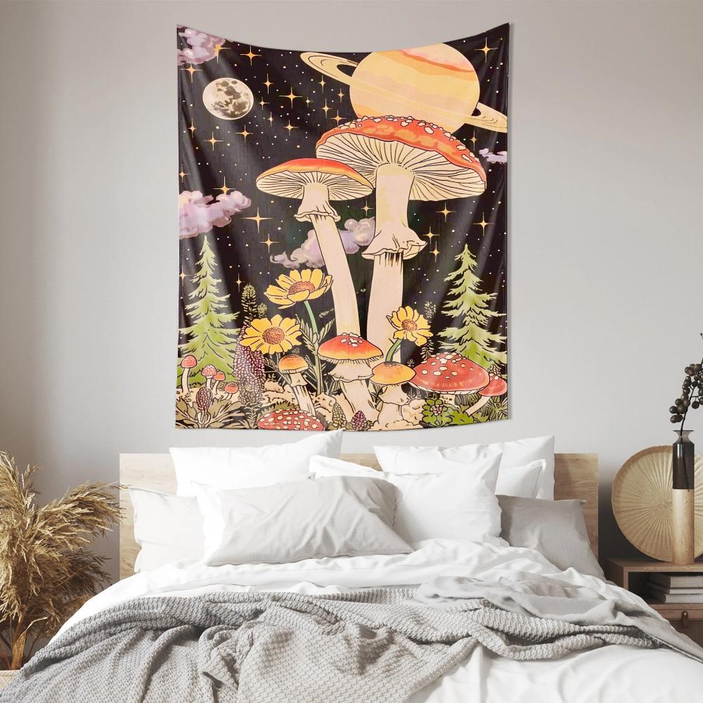 Psychedelic Planet Mushroom Forest Wall Hanging  Mystical Dreamy Home Decor Tapestry