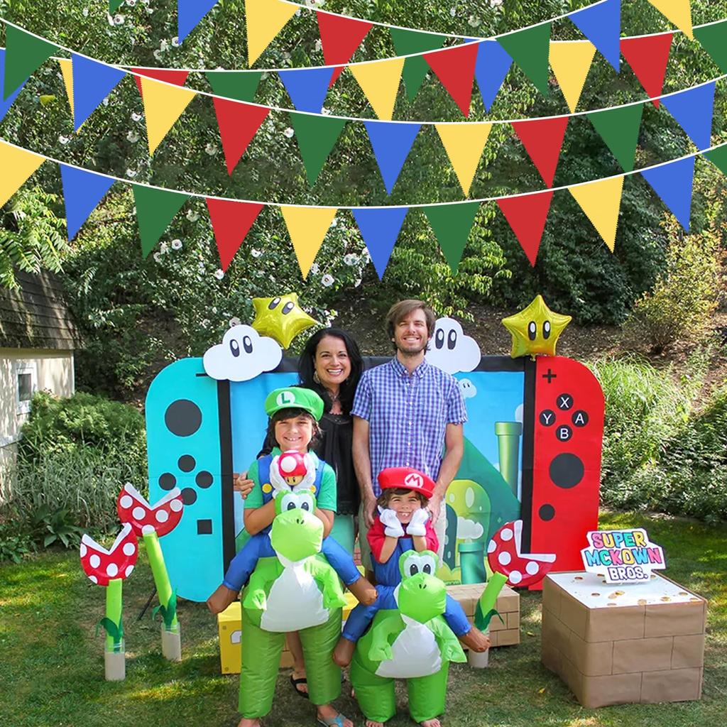 Pinkblume Super Mario Color Triangle Flag Fabric Garland Banner Party Decorations in and Green Pennant Designs for Outdoor 100th Day Kids Room and