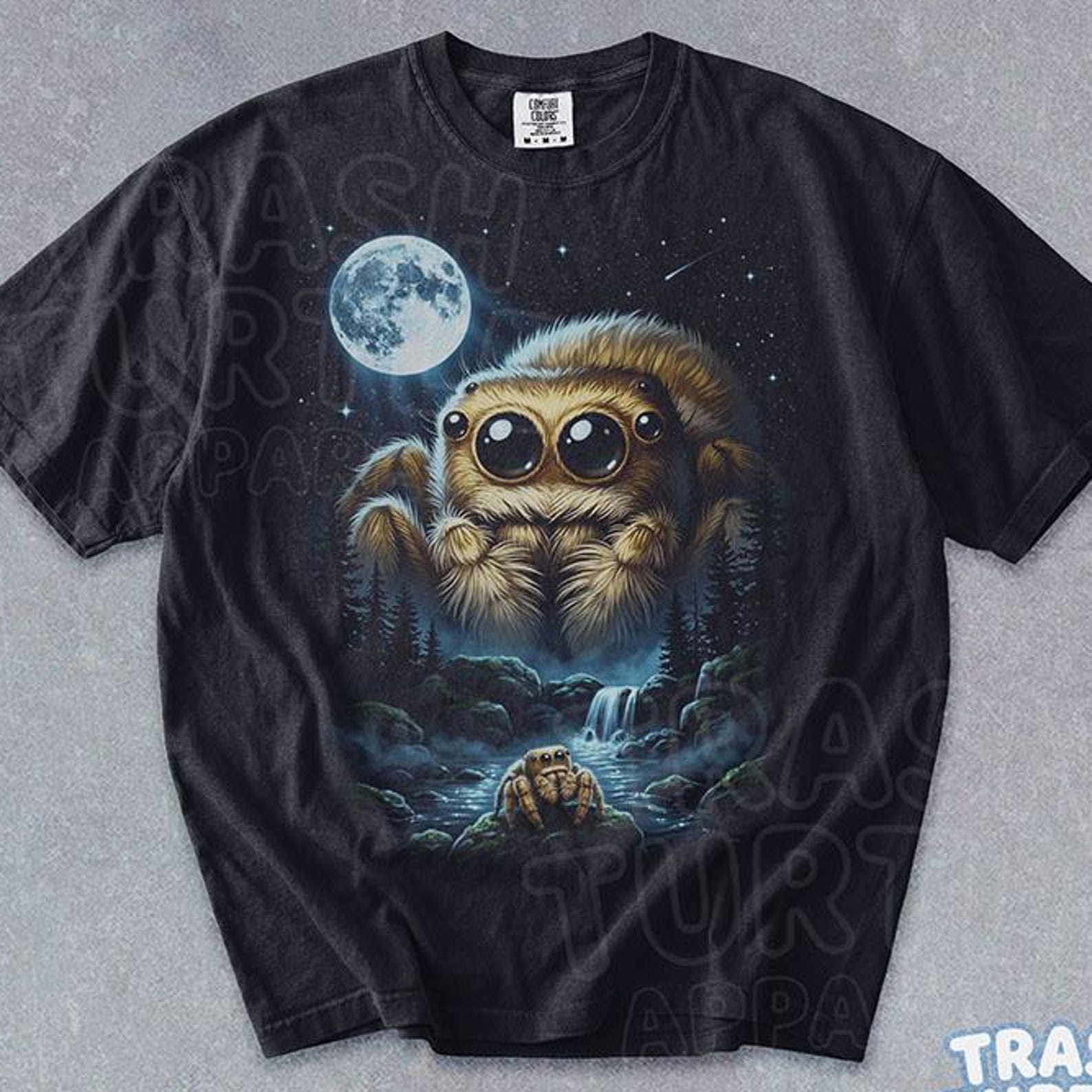 Jumping Spider Moon Shirt Vintage Arachnid Creature Graphic TShirt Full Moon T-shirt Retro Gift 90s Tee L