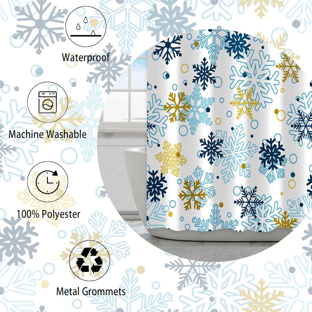 Snowflake Shower Curtain Winter Holiday Blue Gold Pattern Christmas Bathroom Decor Waterproof Fabric Seasonal Theme Home