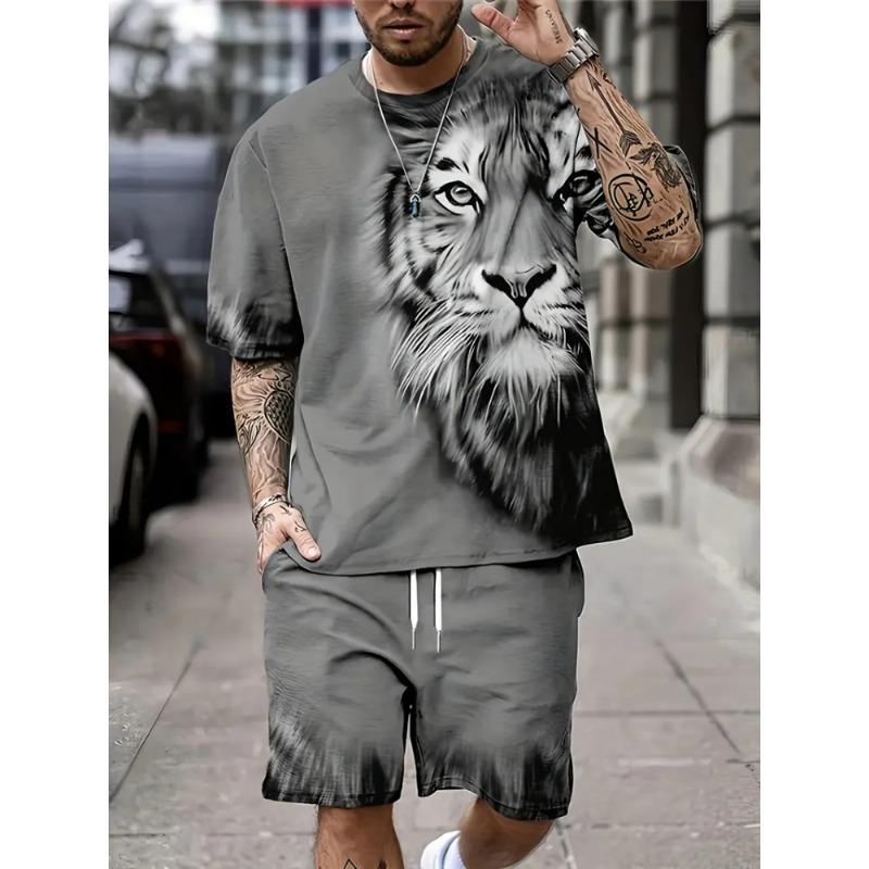 3D Wolf Print Blue Base Summer Men Short Sleeve Suit Short Sleeve Shorts 2 Pieces Casual Fashion Street Clothing