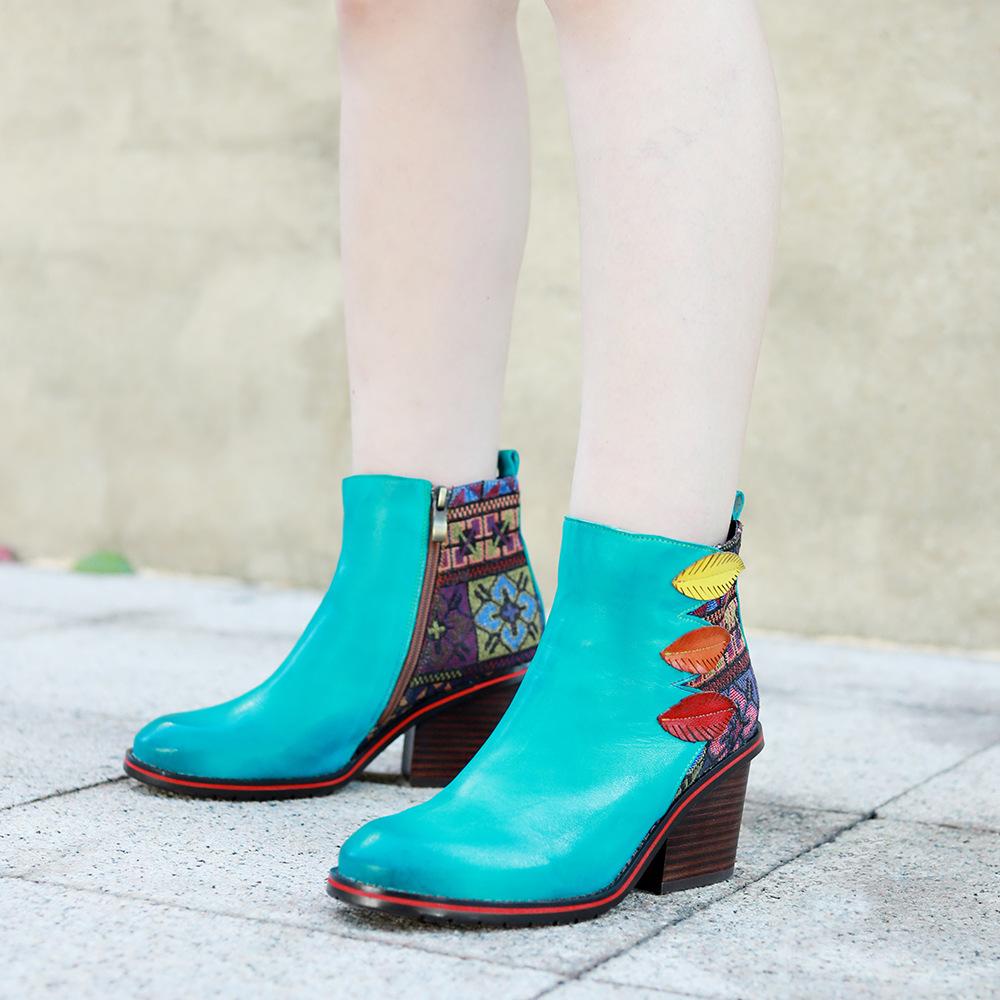 Johnature Handmade Genuine Leather Splicing Printed Fabric Retro Comfortable Thick Heel Women's Ankle Boots