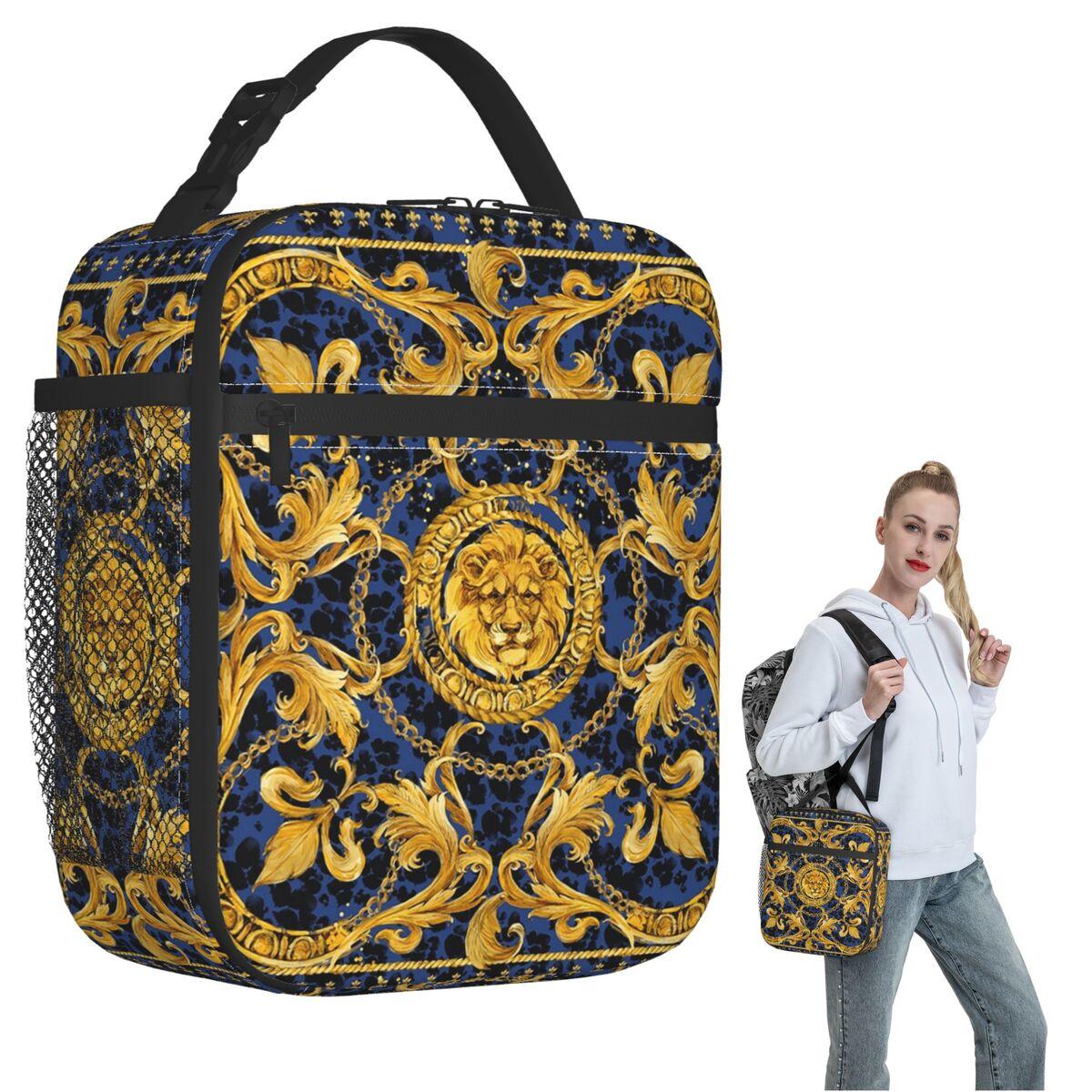 Golden Lion Baroque And Damask Ornament Insulated Lunch Bag for Women Kids Portable Food Boxes Thermal Lunch Box Tote One Size