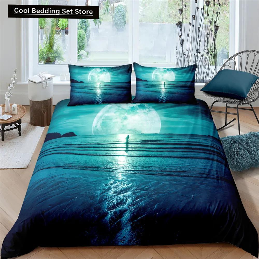 Moon Night Scene King Queen Duvet Cover Red Dark Sky Sunset Clouds Bedding Set Teens Adults Forest 2/3Pcs Polyester Quilt Cover