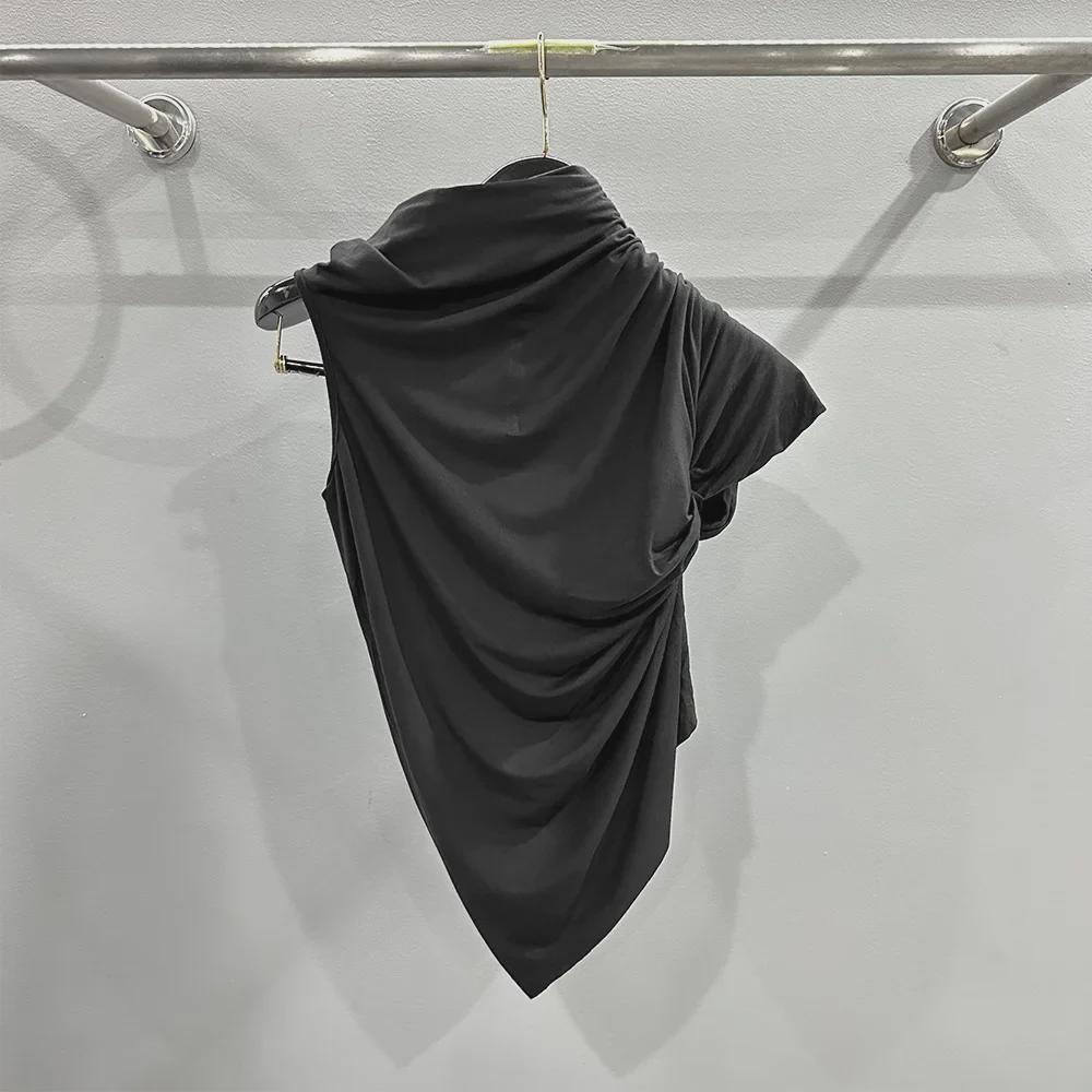 SUBHUMAN Women's European & American Style | Orange Irregular Pleated High Collar One-Shoulder Knit Top