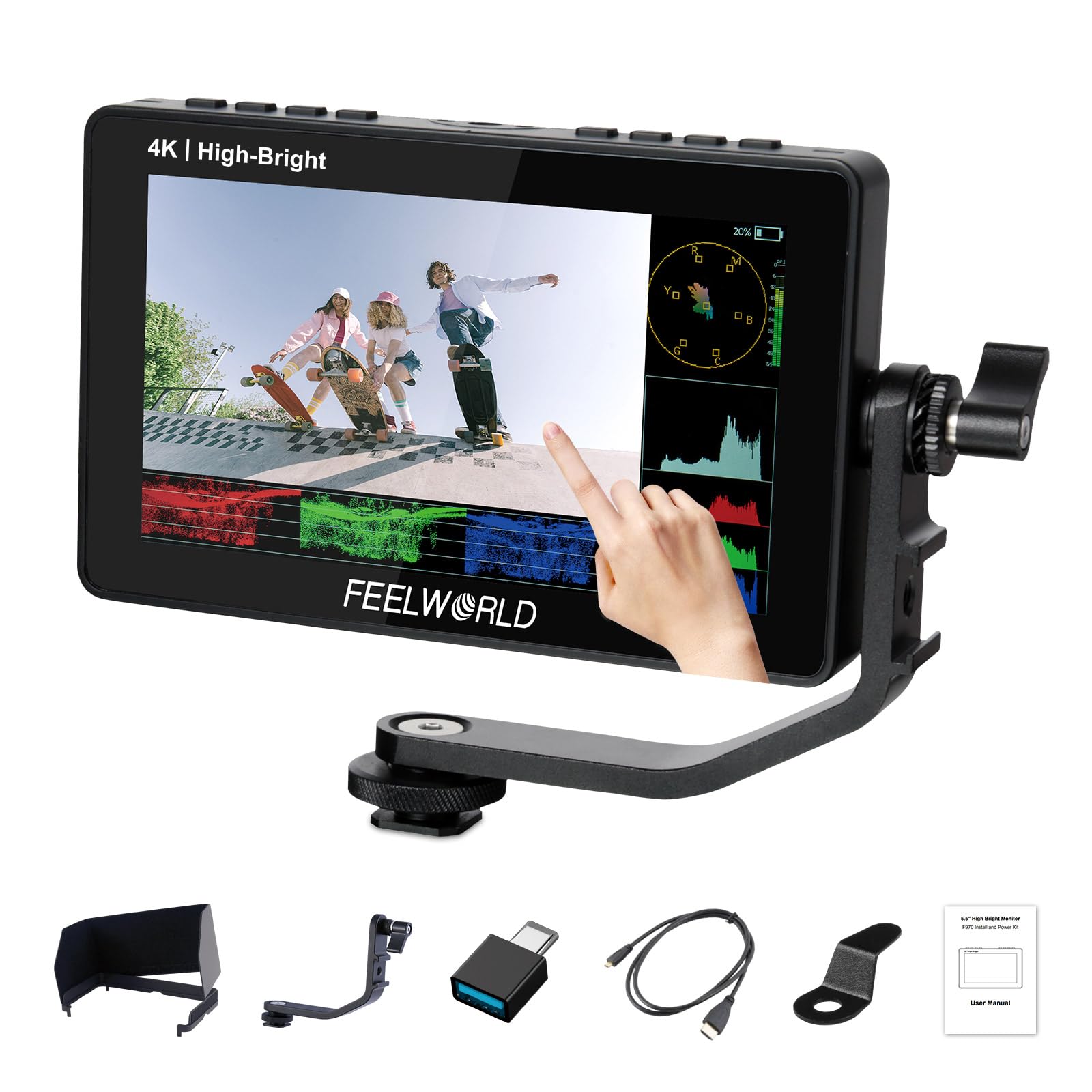 

FEELWORLD F5 PROX Камерный монитор для прямой трансляции с 1920 x 1080 4K HDMI Пользовательская загрузка 3D LUT Полевой HDR RGB Яркость Аудио и Индикатор уровня Язык 1600 нит