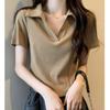Green Polo Neck Short-sleeved T-shirt Women's Short Summer Slim-fit V-neck Solid Color Arc-shaped Shoulder White Top