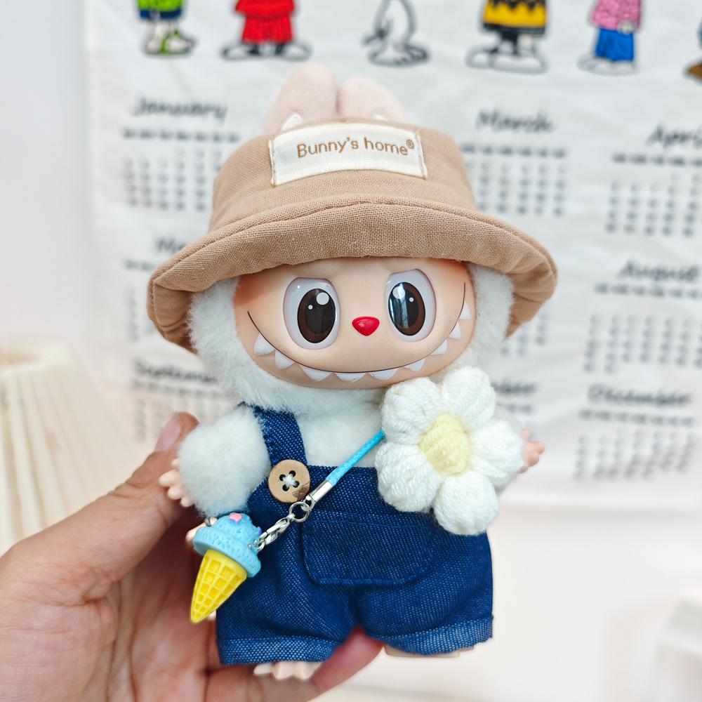 17cm Canvas Clothing, First and Second Generation, Labubu Clothing, Vinyl Doll Decoration, Pendant Clothing, Overalls, Doll Set Hat