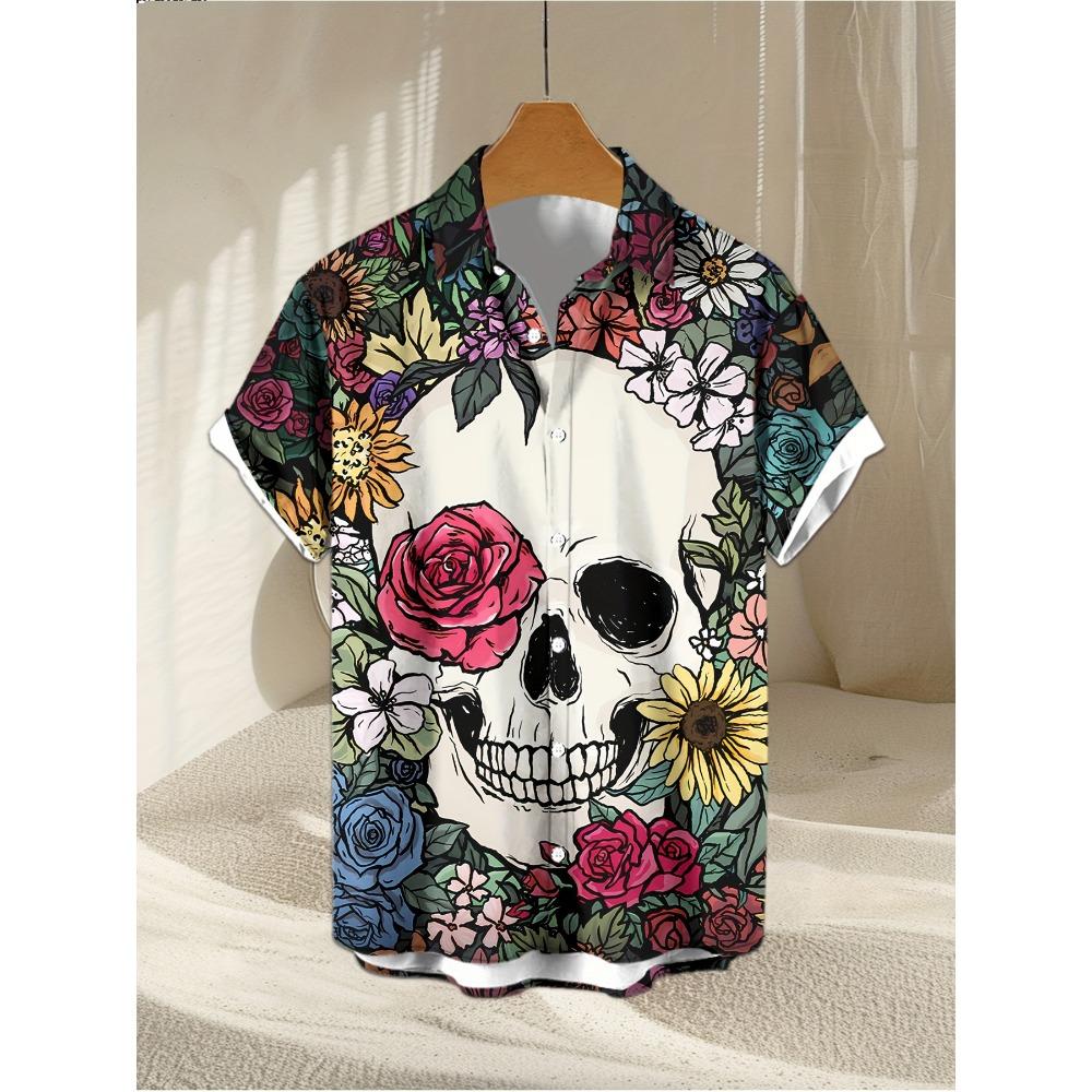 Colorful Skull 3D Printed Shirt Street Hip Hop Fashion Personality Men's Casual Tops Summer Loose Short Sleeve Hawaiian Shirt