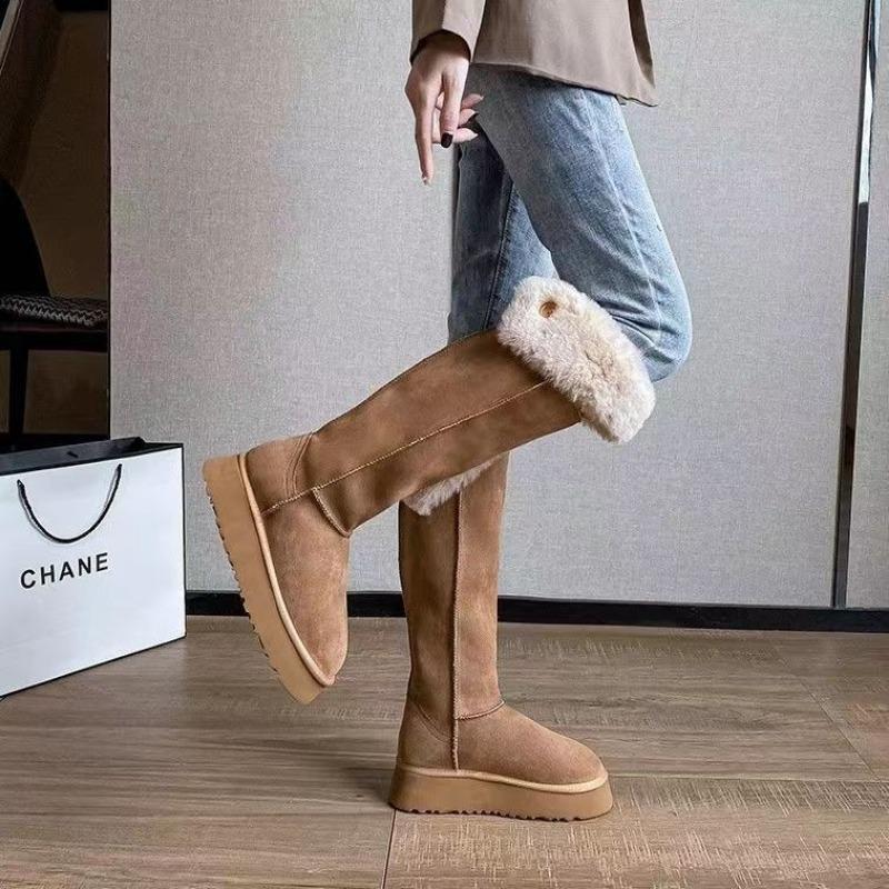 Fashion 2024 High Quality Round Toe Mid Heel Concise Women's Boots Turned-over Edge Knee-high Snow Boots Flat with Slip-on Ladies Shoes
