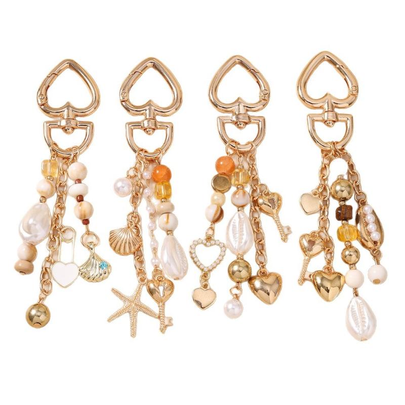 New Handmade Beaded Pearl Keychain Shell Love Heart Key Ring Pendants For Women Girls Handbag Decor Diy Key Chain Jewelry Gift