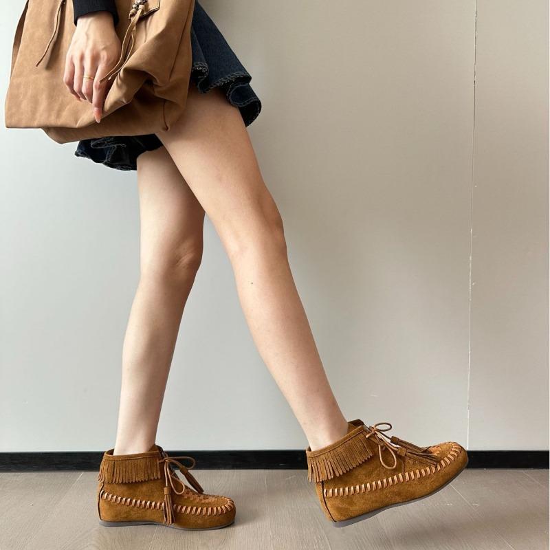 Hot-selling Cowhide Anti-velvet Leather Boat Shoes Women's Flat-bottomed Su-sui Bow Tassel Non-slip Soft-soled Single Shoes