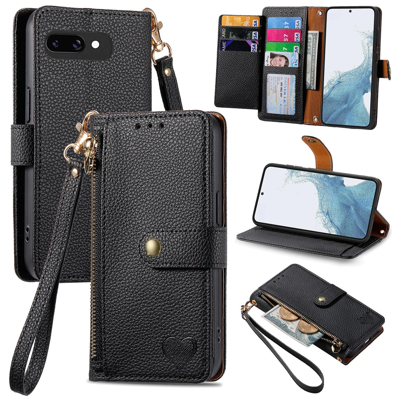 

For Google Pixel 9a Case RFID Blocking Zipper Pocket Leather Wallet Phone Cover with Strap Black