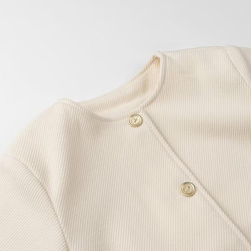 Womens Tweed Jacket Solid Color Round Neck Single Breasted Coat Elegant Casual Outerwear