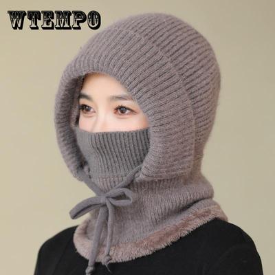 Chapeau chaud d'hiver, écharpe, masque, chapeau intégré, chapeau épais et chaud pour femme, chapeau en laine tricoté en fausse fourrure de lapin