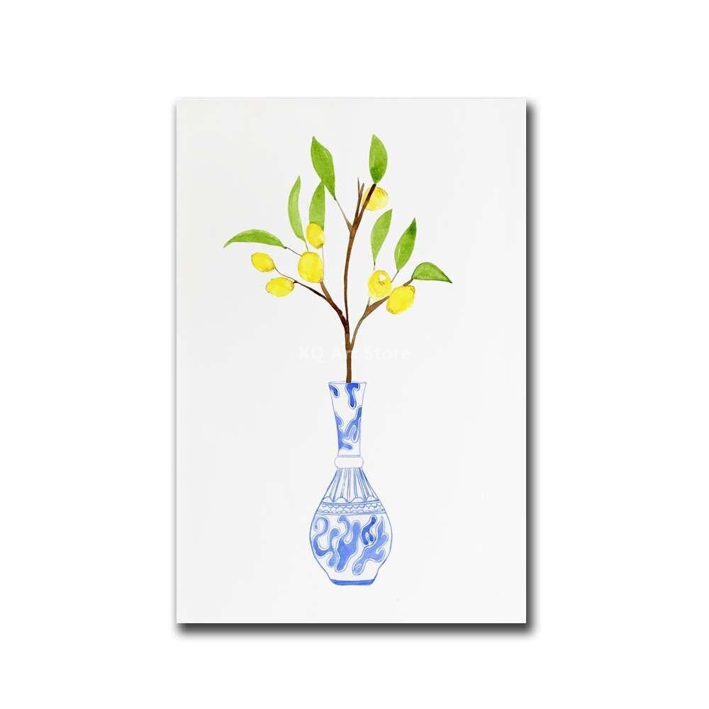 Chinese Wind Porcelain Watercolor Printing Ginger Jar Vase Plant Poster Antique Blue and White Porcelain Canvas Painting Decor