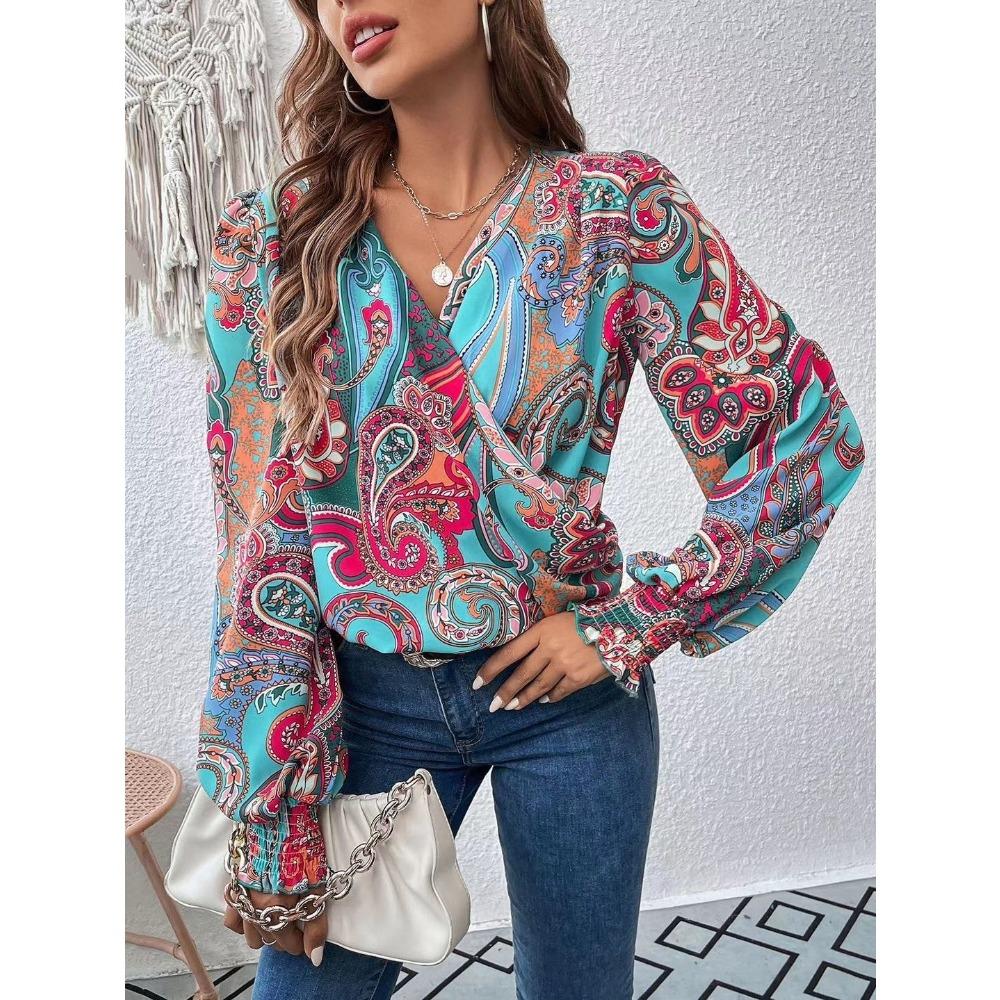 Women's V Neck Long Sleeve Blouse Loose Fit Solid Satin Surplice Ruched Smocked Cuff Lantern Sleeve Elegant Commuter Shirt