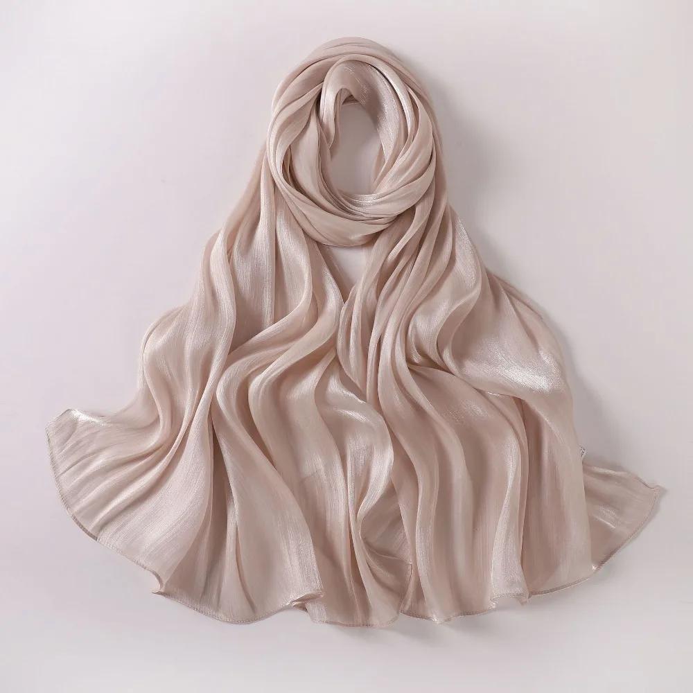 Fashion Solid Color Silk Scarf Chiffon Shining Chiffon Hijab Veil Soft Long Sunscreen shawl Outdoor