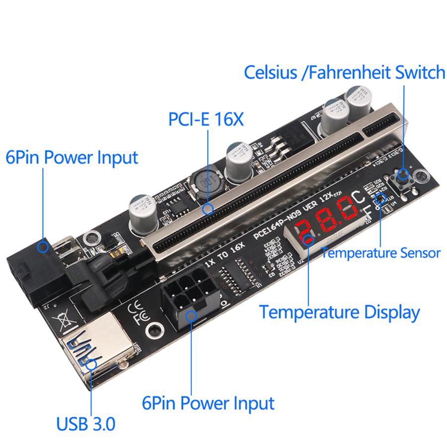 PCIE Riser 009S Plus Riser PCI E PCI Express X1 to X16 Dual 6Pin for Graphic Card GPU Bitcoin Miner Mining w/ Temperature Sensor