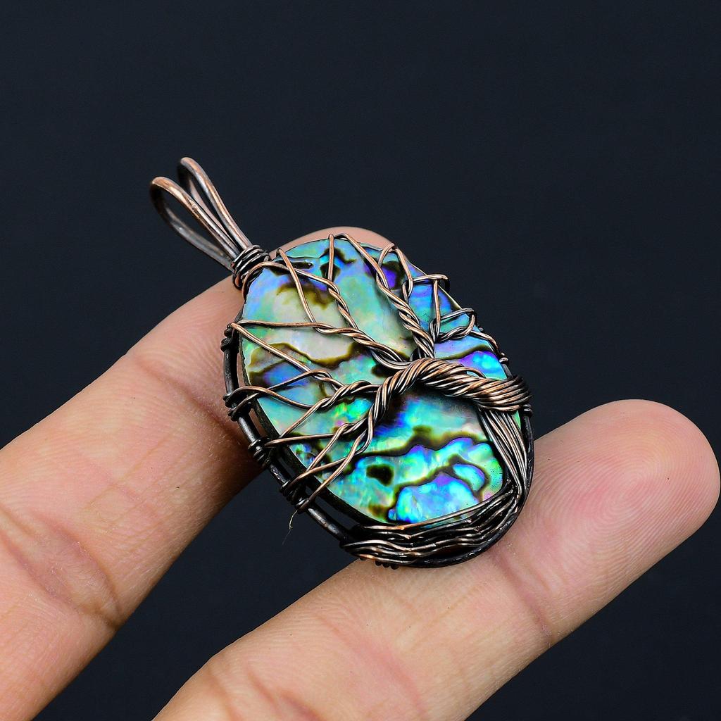 Tree Of Life Abalone Shell 999 Copper Wire Wrapped Pendant, Handmade Gemstone Pendant Jewelry, Gifts For Wife Brand New Pendant