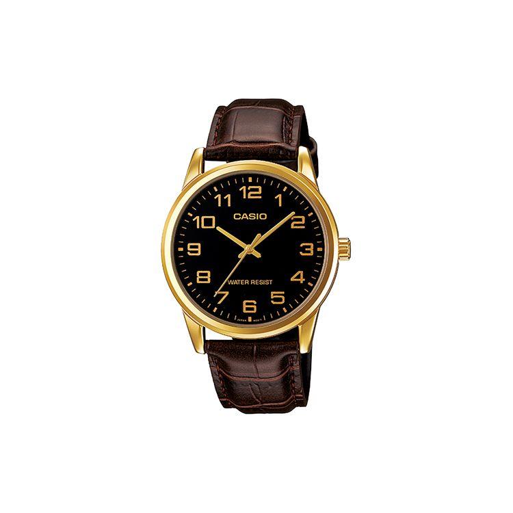 

Casio Dress Series Minimalist Fashion Trendy Business Casual Classic Pointer Digital Scale Waterproof Quartz Movement Leather Strap MTP-V001GL-1B Regular Watch Box,Gold Case and Brown Band