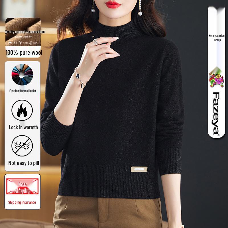 

Женский свитер из мериносовой шерсти с полувысоким воротом 2024 - Осенне-зимняя кабельная вязка для мам XL чёрный