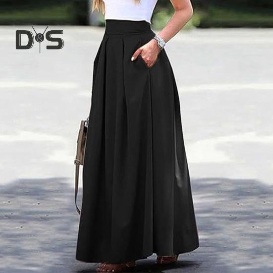 Dámská maxi sukně s vysokým pasem, prodyšná, s velkým lemem, dlouhá sukně s kapsami, stylová večírek, zeštíhlující sukně