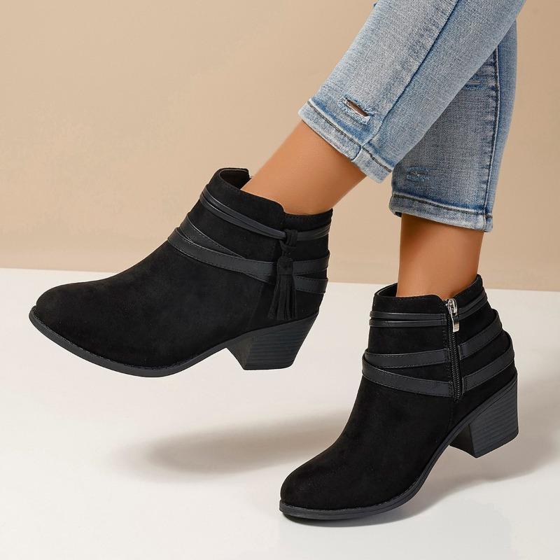 Women's Wide Width Suede Martin Boots, Buckle Detail Side Zipper Booties, Chunky Heel Mid-Calf Boots for Women