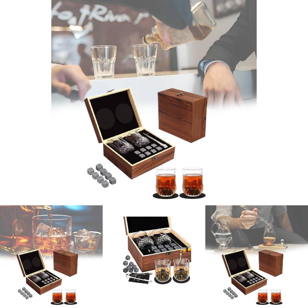 Luxurious Brown Granite Whisky Glasses Set With Whiskey Stones And Wooden Box