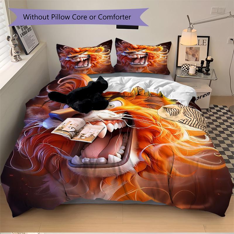 3pcs Lion Head Bedding Set - 1 Duvet Cover + 2 Pillowcases(Core Not Included), Machine Washable Polyester yy251216120